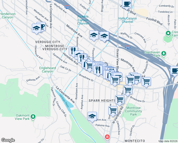 map of restaurants, bars, coffee shops, grocery stores, and more near 3800 Sunset Avenue in Glendale