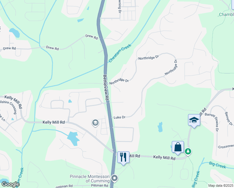 map of restaurants, bars, coffee shops, grocery stores, and more near 3940 Miles Way in Cumming