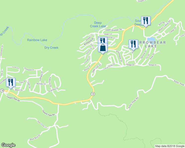 map of restaurants, bars, coffee shops, grocery stores, and more near 32797 Deer Lick Drive in Running Springs