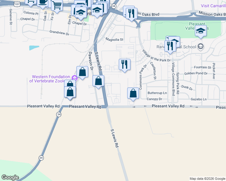 map of restaurants, bars, coffee shops, grocery stores, and more near 2 Camarillo Street in Camarillo