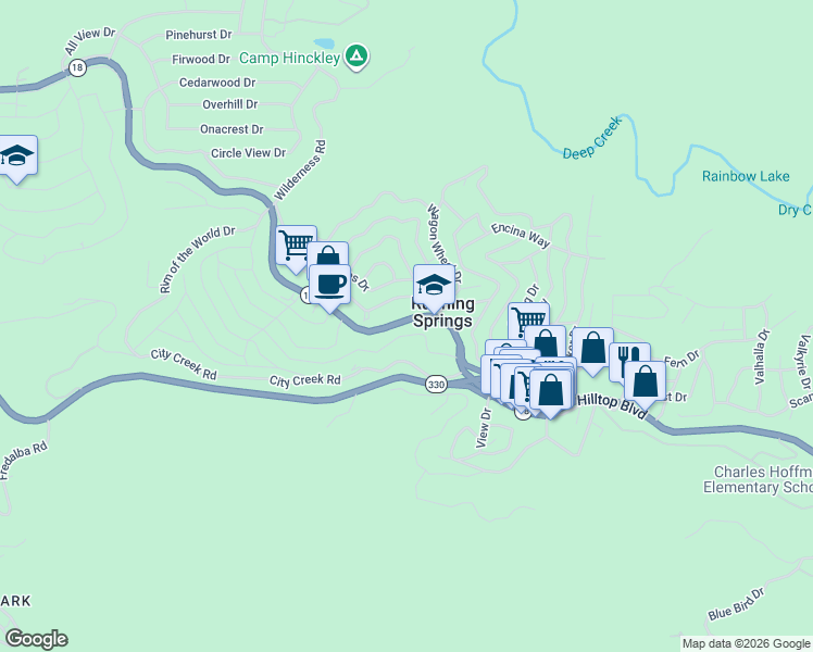 map of restaurants, bars, coffee shops, grocery stores, and more near 31749 Hilltop Boulevard in Running Springs