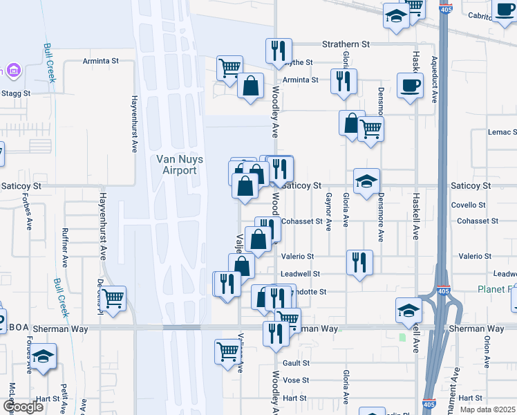 map of restaurants, bars, coffee shops, grocery stores, and more near 16128 Covello Street in Los Angeles