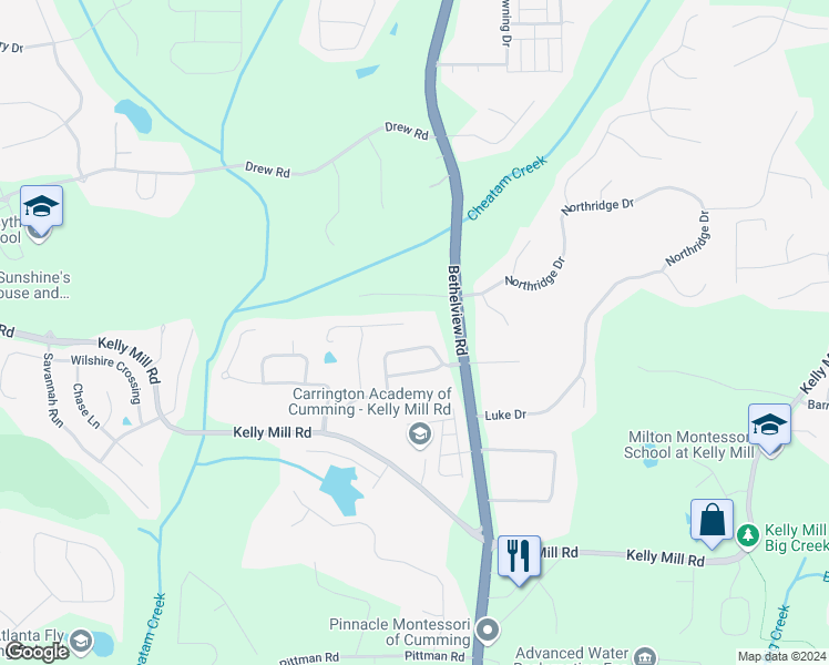 map of restaurants, bars, coffee shops, grocery stores, and more near 4560 Upland Court in Cumming