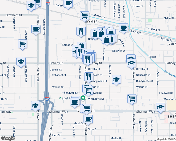 map of restaurants, bars, coffee shops, grocery stores, and more near 7524 Sepulveda Boulevard in Los Angeles