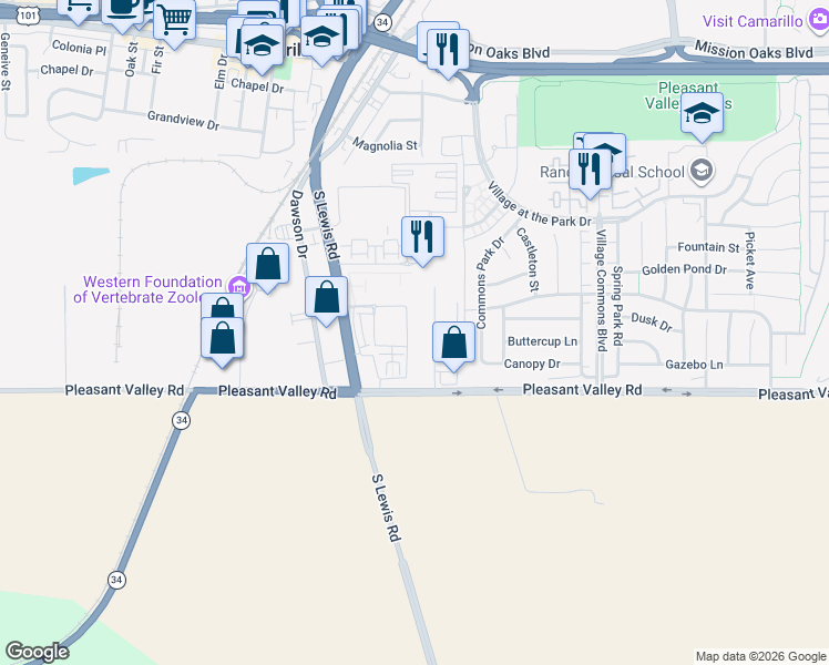 map of restaurants, bars, coffee shops, grocery stores, and more near 2 Camarillo Street in Camarillo
