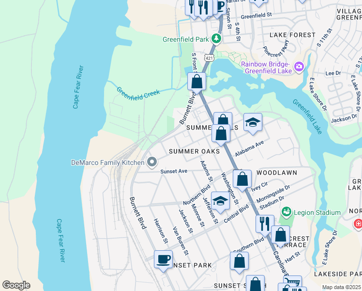 map of restaurants, bars, coffee shops, grocery stores, and more near 225 North Carolina Avenue in Wilmington