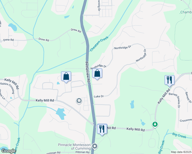 map of restaurants, bars, coffee shops, grocery stores, and more near 3940 Miles Way in Cumming