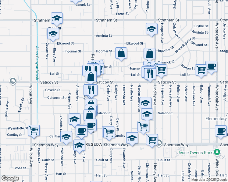 map of restaurants, bars, coffee shops, grocery stores, and more near 10340 2/1 Reseda Boulevard in Los Angeles