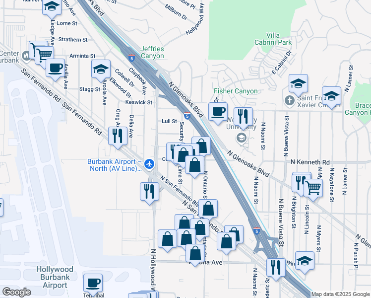 map of restaurants, bars, coffee shops, grocery stores, and more near 7528 Security Avenue in Burbank