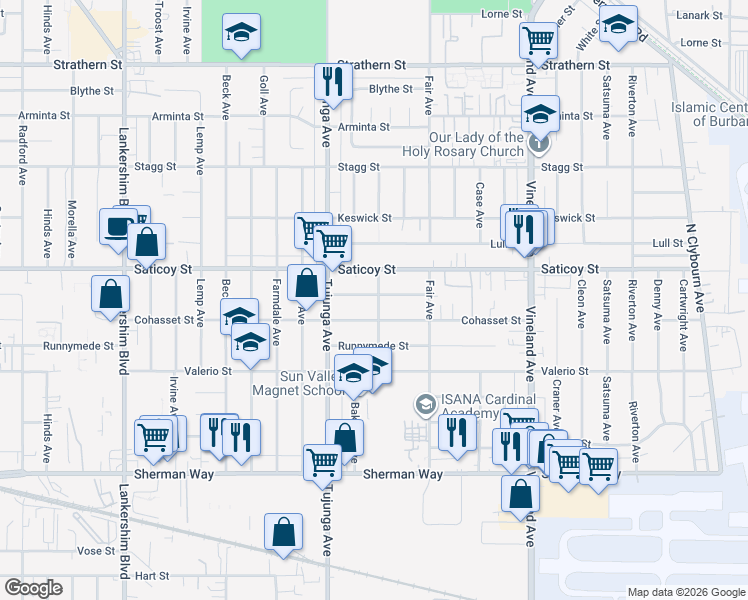 map of restaurants, bars, coffee shops, grocery stores, and more near 11300 Covello Street in Los Angeles
