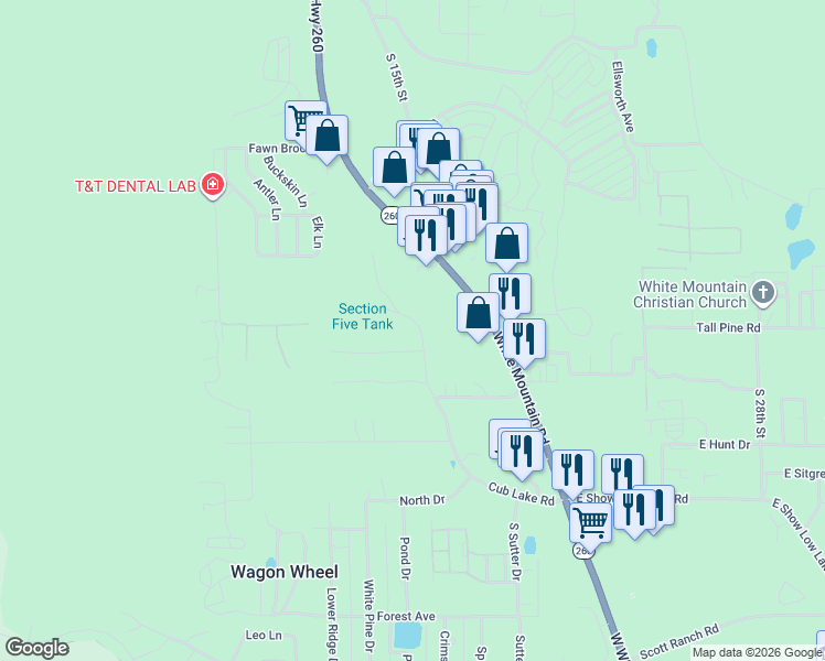 map of restaurants, bars, coffee shops, grocery stores, and more near 4584 Cub Lake Road in Show Low