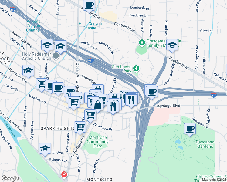 map of restaurants, bars, coffee shops, grocery stores, and more near 1941 Waltonia Drive in La Crescenta-Montrose
