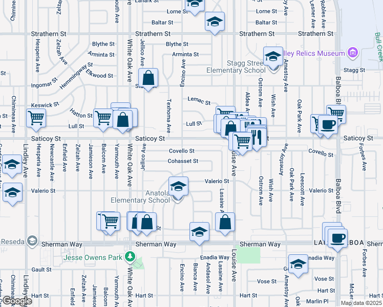 map of restaurants, bars, coffee shops, grocery stores, and more near 17444 Covello Street in Los Angeles