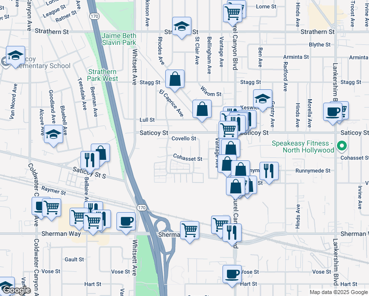 map of restaurants, bars, coffee shops, grocery stores, and more near 12300 Covello Street in Los Angeles