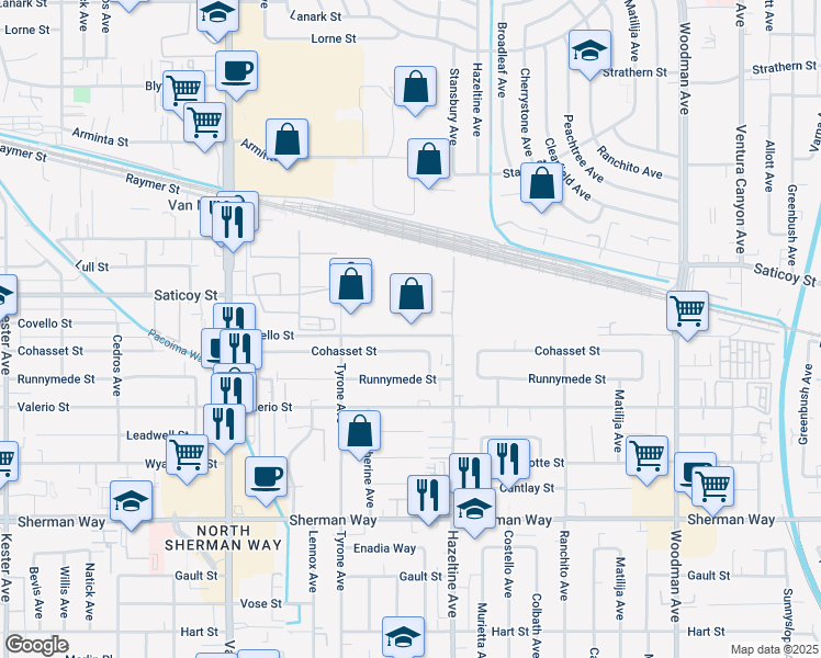 map of restaurants, bars, coffee shops, grocery stores, and more near 14147 Covello Street in Los Angeles