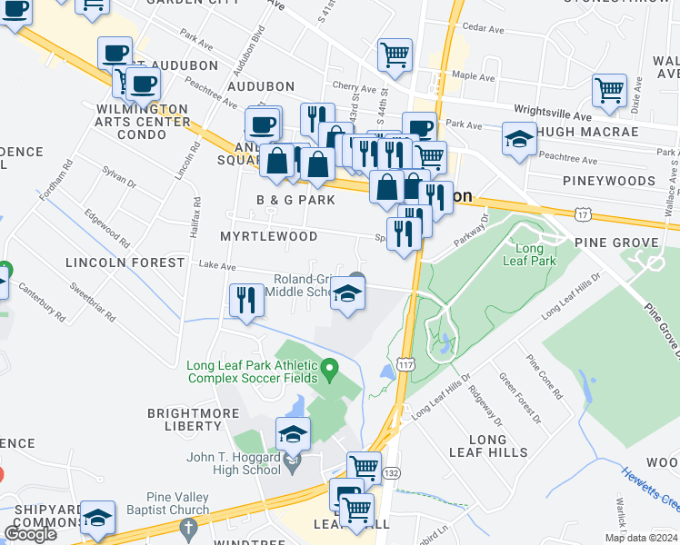 map of restaurants, bars, coffee shops, grocery stores, and more near 1610 Fenway Lane in Wilmington