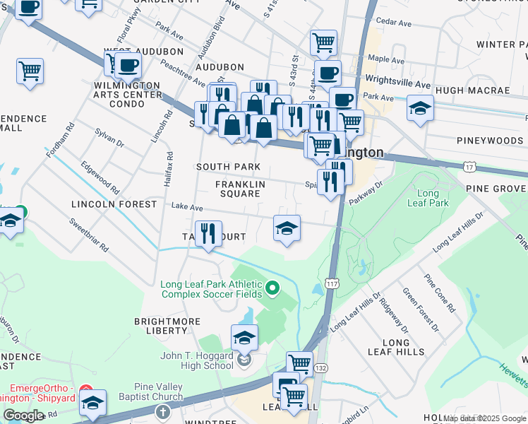 map of restaurants, bars, coffee shops, grocery stores, and more near 4223 Lake Avenue in Wilmington