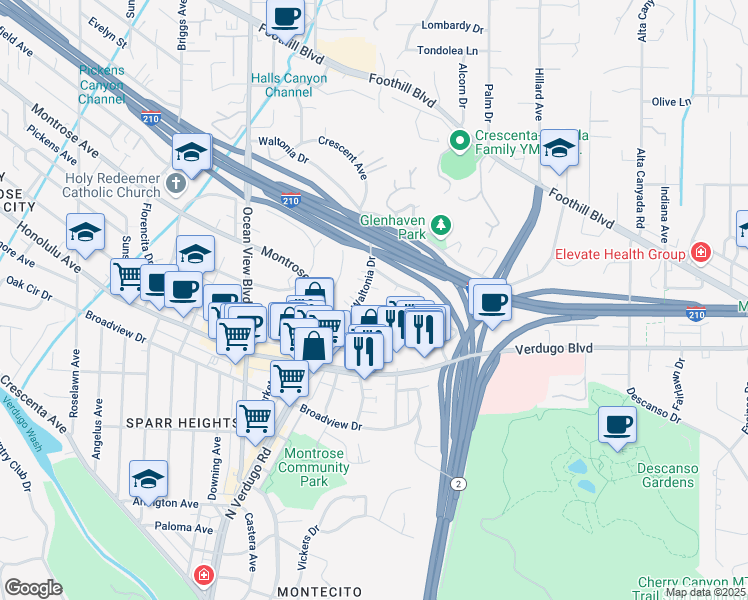 map of restaurants, bars, coffee shops, grocery stores, and more near 1941 Waltonia Drive in La Crescenta-Montrose