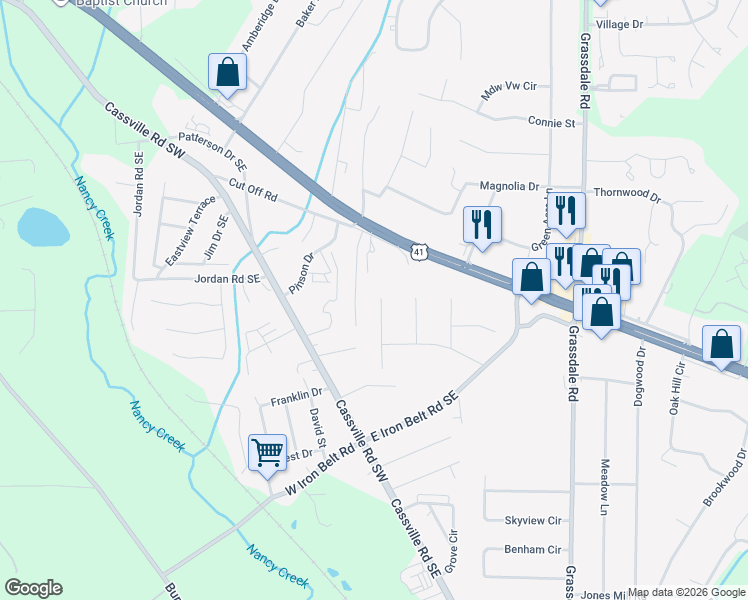 map of restaurants, bars, coffee shops, grocery stores, and more near 110 Westwood Drive Southeast in Cartersville