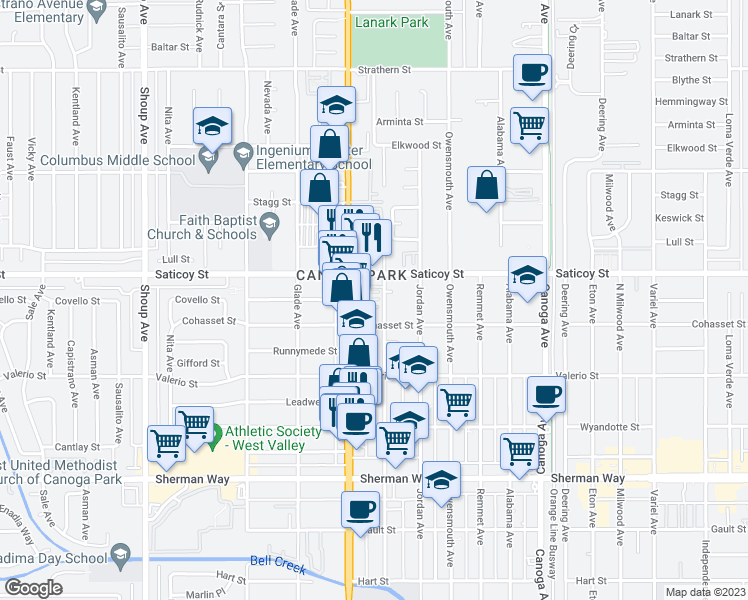 map of restaurants, bars, coffee shops, grocery stores, and more near 7529 Vassar Avenue in Canoga Park