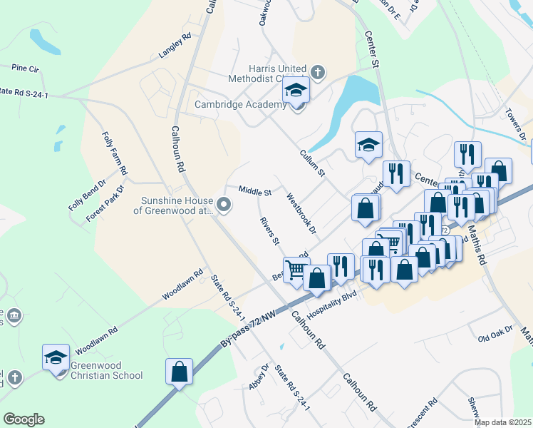 map of restaurants, bars, coffee shops, grocery stores, and more near 1642 Rivers Street in Greenwood