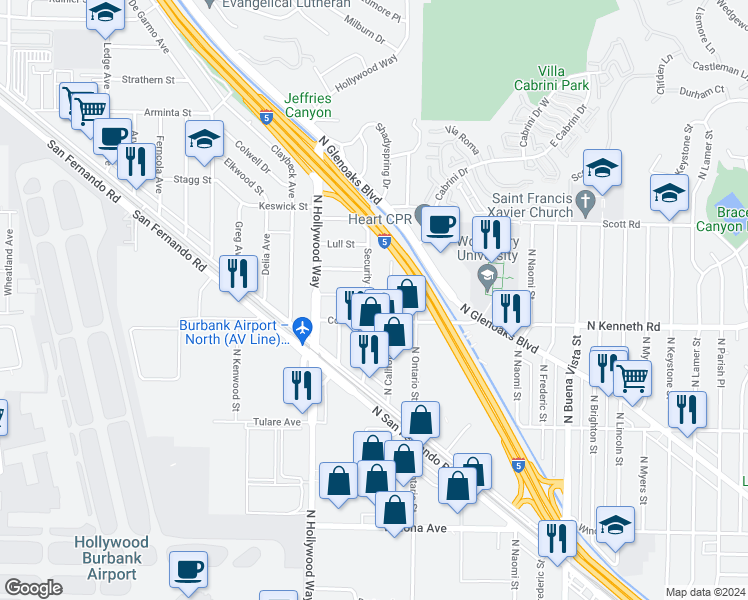 map of restaurants, bars, coffee shops, grocery stores, and more near 7528 Security Avenue in Burbank