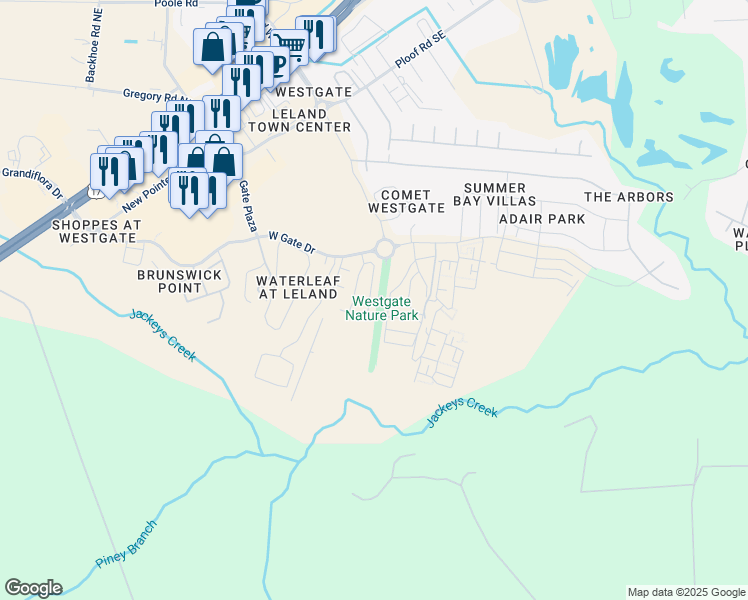 map of restaurants, bars, coffee shops, grocery stores, and more near 1171 Shellbank Lane in Leland