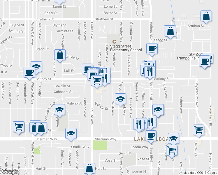 map of restaurants, bars, coffee shops, grocery stores, and more near 7524 Ostrom Avenue in Los Angeles