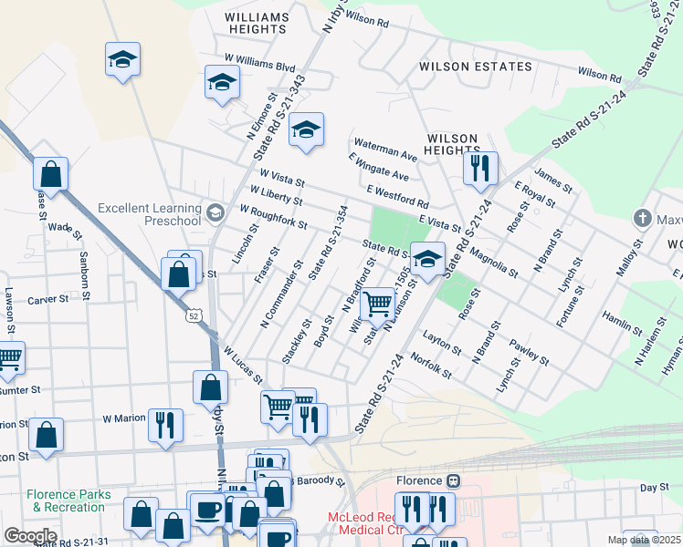 map of restaurants, bars, coffee shops, grocery stores, and more near 712 Stackley Street in Florence