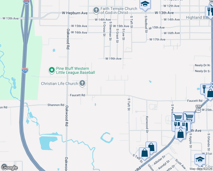 map of restaurants, bars, coffee shops, grocery stores, and more near 5153 Faucett Road in Pine Bluff