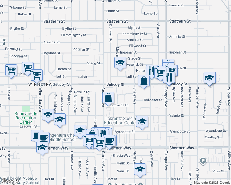 map of restaurants, bars, coffee shops, grocery stores, and more near 7533 Bovey Avenue in Los Angeles
