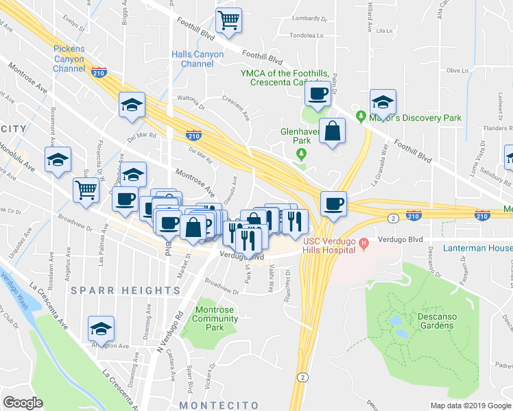 map of restaurants, bars, coffee shops, grocery stores, and more near 1949 Waltonia Drive in La Crescenta-Montrose