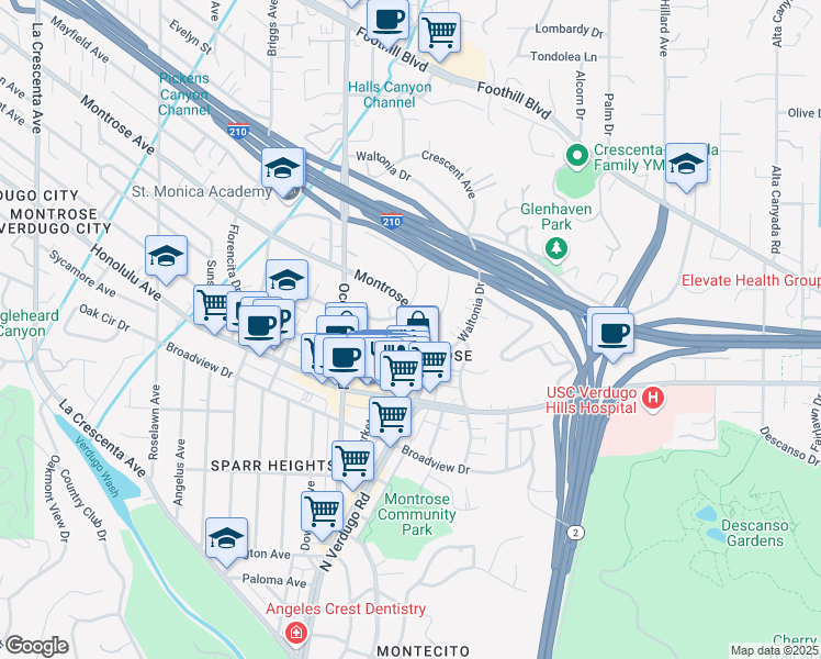 map of restaurants, bars, coffee shops, grocery stores, and more near 2132 Montrose Avenue in La Crescenta-Montrose