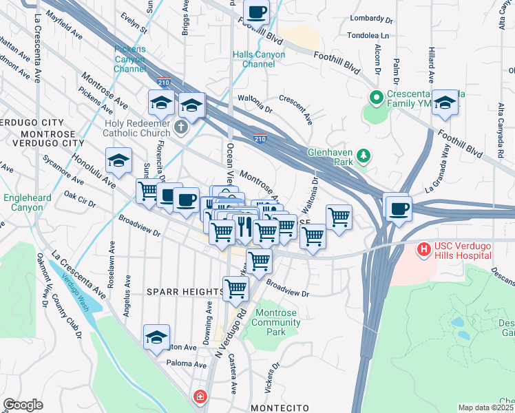 map of restaurants, bars, coffee shops, grocery stores, and more near 2238 Miravista Avenue in La Crescenta-Montrose