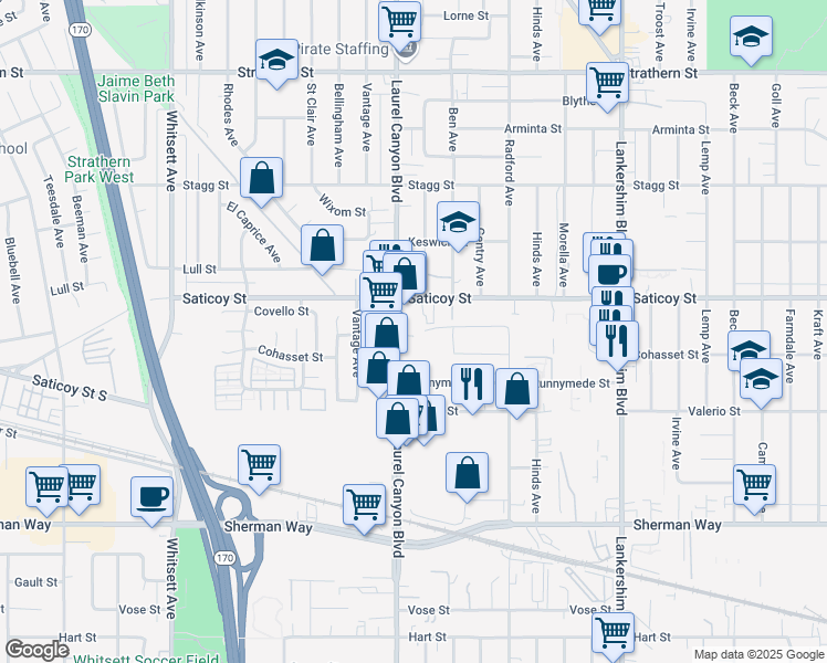 map of restaurants, bars, coffee shops, grocery stores, and more near 7537 Laurel Canyon Boulevard in Los Angeles