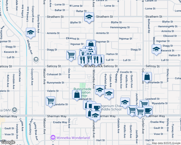 map of restaurants, bars, coffee shops, grocery stores, and more near 7555 Winnetka Avenue in Los Angeles