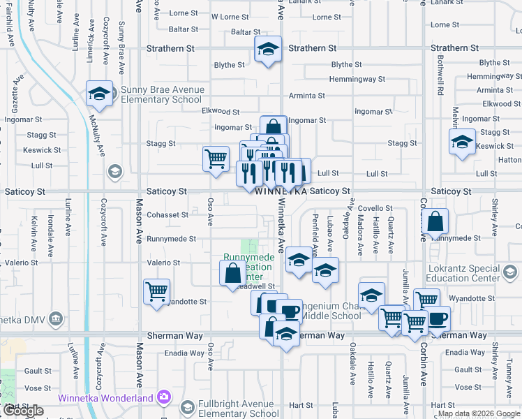 map of restaurants, bars, coffee shops, grocery stores, and more near 7555 Winnetka Avenue in Los Angeles