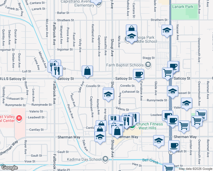 map of restaurants, bars, coffee shops, grocery stores, and more near 7534 Sausalito Avenue in Los Angeles