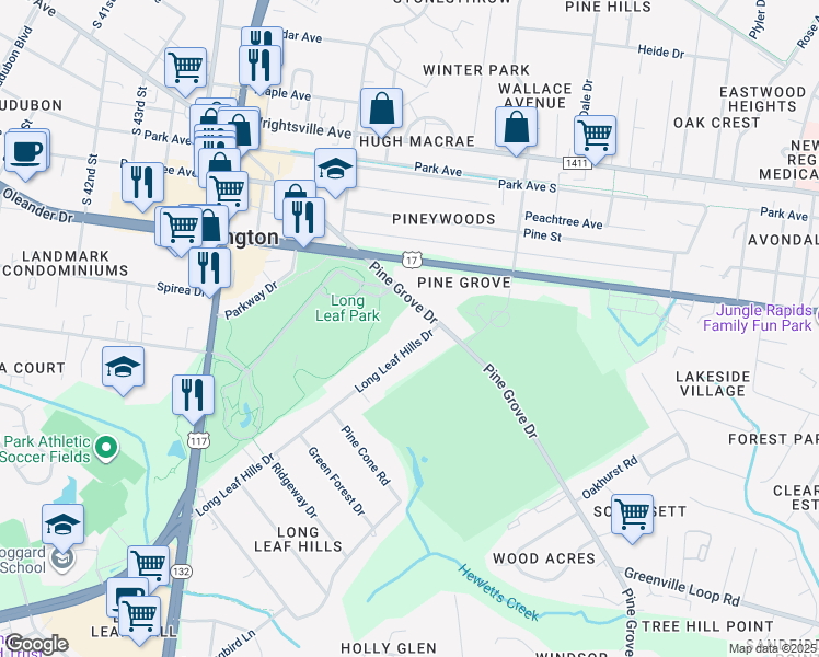 map of restaurants, bars, coffee shops, grocery stores, and more near 4725 Long Leaf Hills Drive in Wilmington