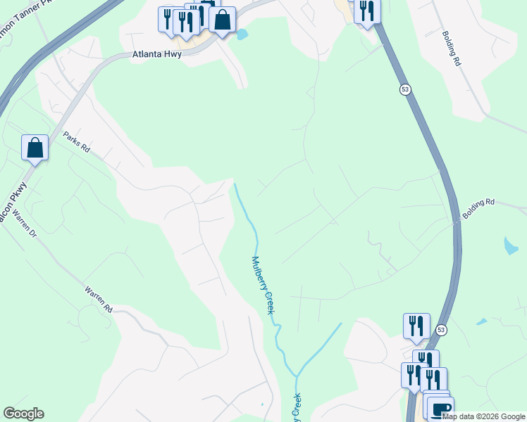map of restaurants, bars, coffee shops, grocery stores, and more near 3755 Fern Creek Drive in Flowery Branch