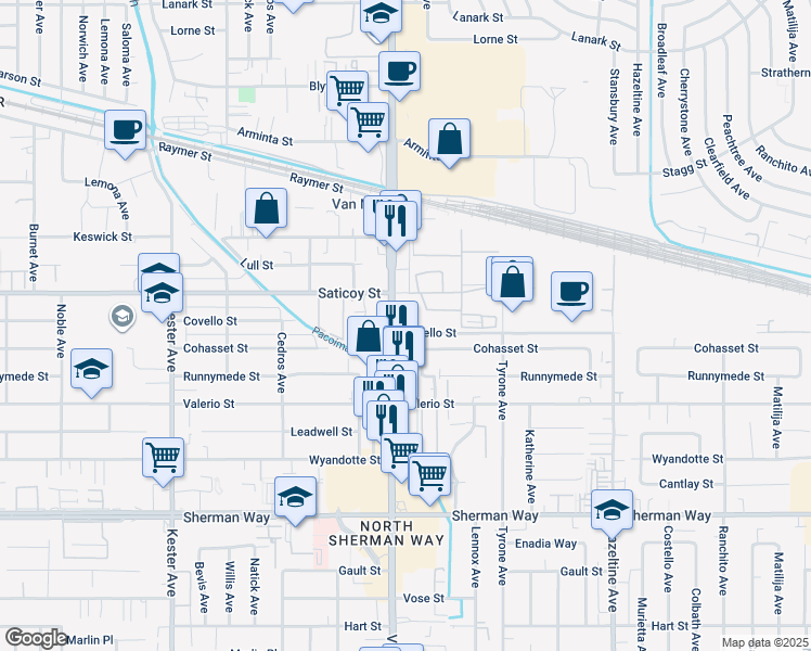 map of restaurants, bars, coffee shops, grocery stores, and more near 7530 Van Nuys Boulevard in Los Angeles