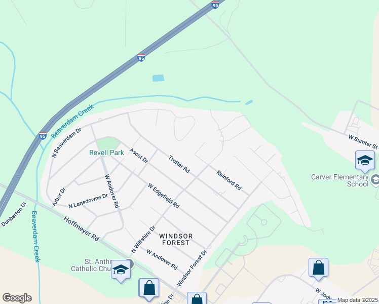 map of restaurants, bars, coffee shops, grocery stores, and more near 2566 Rainford Road in Florence