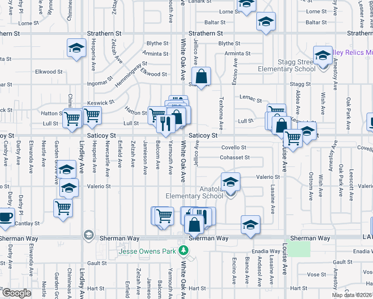 map of restaurants, bars, coffee shops, grocery stores, and more near 7526 White Oak Avenue in Los Angeles