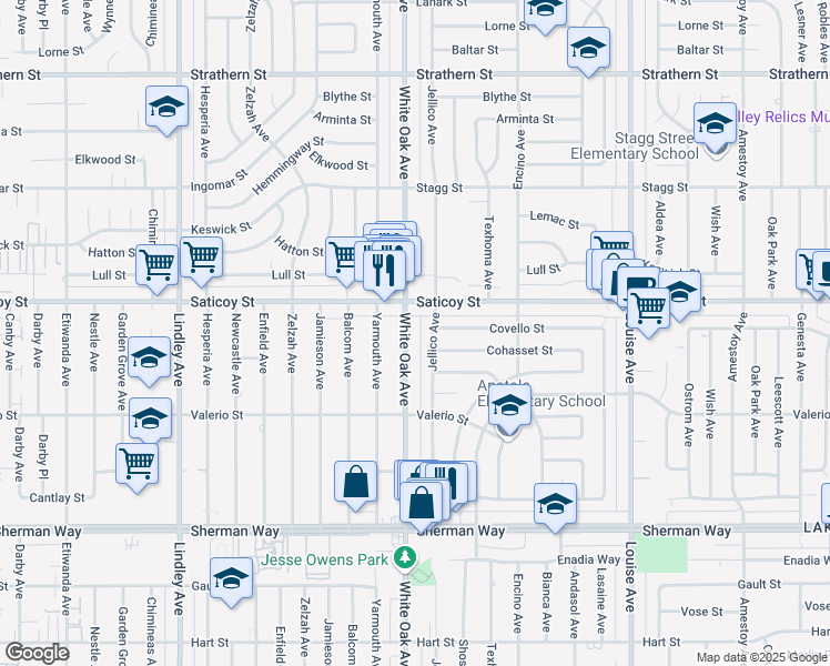 map of restaurants, bars, coffee shops, grocery stores, and more near 7526 White Oak Avenue in Los Angeles