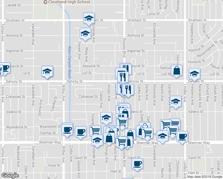 map of restaurants, bars, coffee shops, grocery stores, and more near 7528 Amigo Avenue in Los Angeles