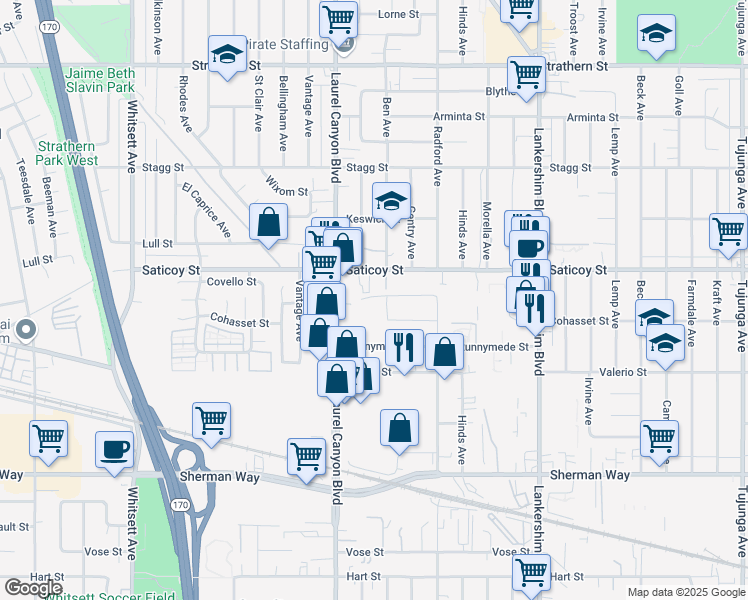 map of restaurants, bars, coffee shops, grocery stores, and more near 7525 Ben Avenue in Los Angeles