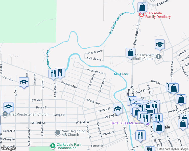 map of restaurants, bars, coffee shops, grocery stores, and more near 239 Cypress Avenue in Clarksdale