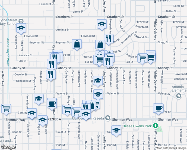 map of restaurants, bars, coffee shops, grocery stores, and more near 7532 Garden Grove Avenue in Los Angeles