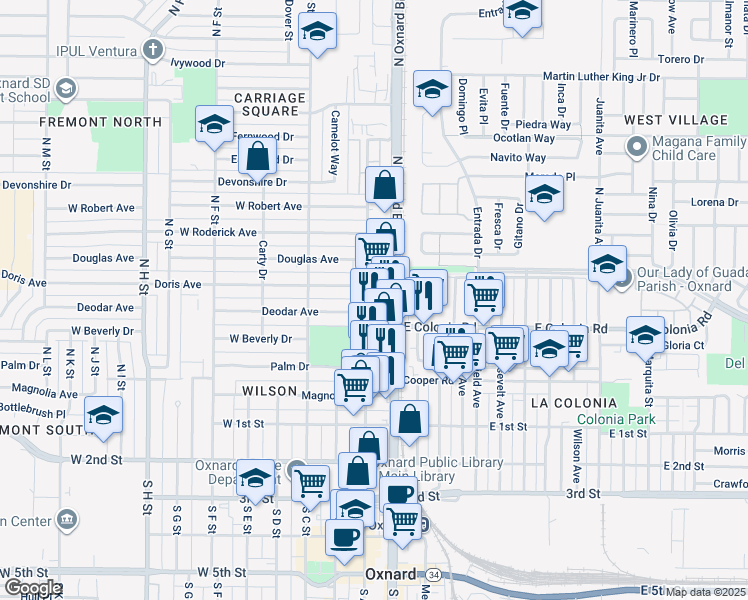 map of restaurants, bars, coffee shops, grocery stores, and more near 133 Deodar Avenue in Oxnard