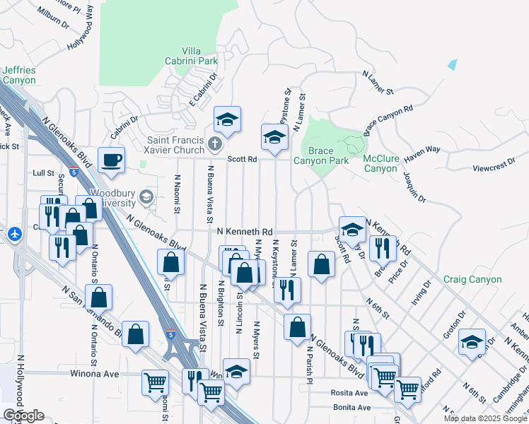 map of restaurants, bars, coffee shops, grocery stores, and more near 2739 North Keystone Street in Burbank